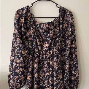 Floral Navy Blouse with Peach Accents